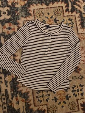 Old Navy Black & White Striped Henley Long Sleeve Top